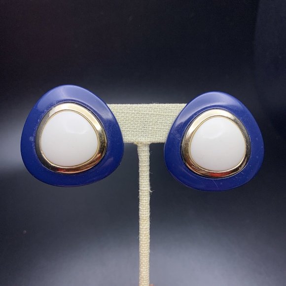 Chunky Bold Earrings Navy Blue White Gold Tone 80s 90s Big Large Runway Vintage - Picture 1 of 6